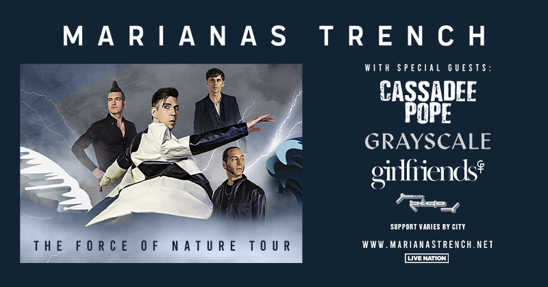 Live Nation (@livenation) on Twitter photo ARE YOU READY? 🎉 <a href="/mtrench/">Marianas Trench</a> is coming to a city near you for THE FORCE OF NATURE TOUR! With special guests Grayscale, Cassadee Pope, Girlfriends and PIAO on select dates. Tickets on sale Friday, May 31st at 10AM local. 🎟️ livemu.sc/4bYPYYx ARE YOU READY? 🎉 <a href="/mtrench/">Marianas Trench</a> is coming to a city near you for THE FORCE OF NATURE TOUR! With special guests Grayscale, Cassadee Pope, Girlfriends and PIAO on select dates. Tickets on sale Friday, May 31st at 10AM local. 🎟️ livemu.sc/4bYPYYx