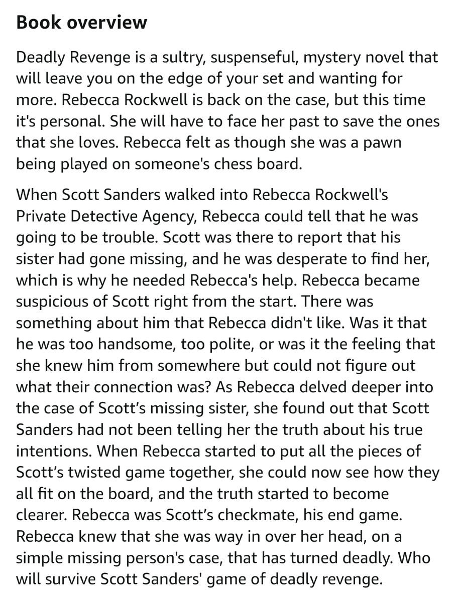 @stephanietara My new book, Deadly Revenge, is out now on Amazon.com. Rebecca Rockwell is investigating Scott Sanders missing sister. But she is about to find out that his lies and true intentions are far more deadly. Who will survive this game of deadly revenge? #bookworms