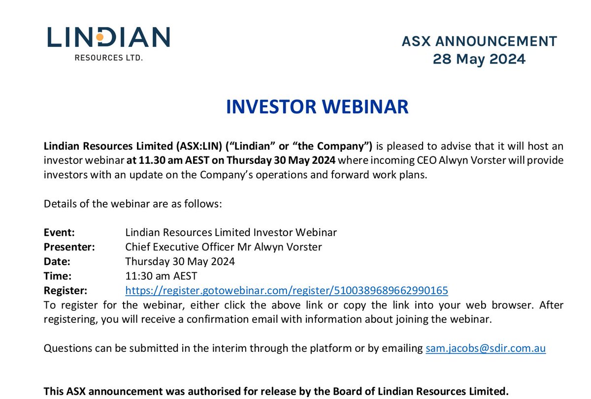 Please register for the investor webinar: register.gotowebinar.com/register/51003… $LIN $LIN.ax $LINiF #rareearths #malawi 🇲🇼 #mining