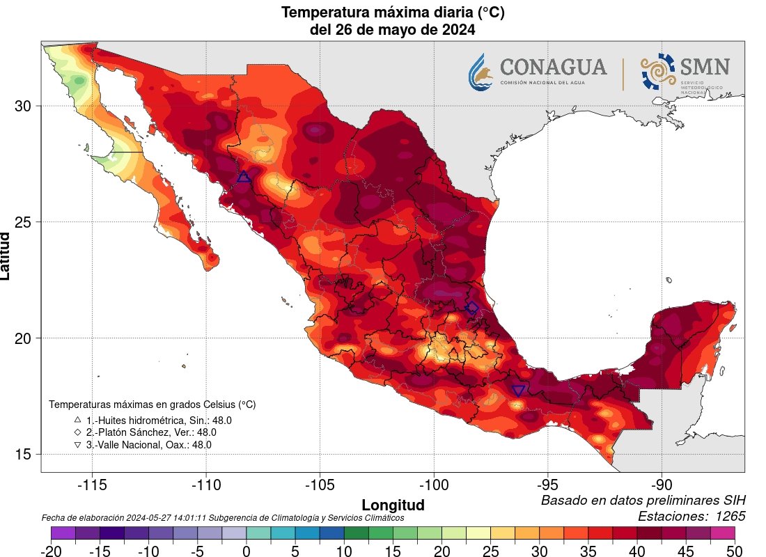 EXTRAORDINARY HEAT IN MEXICO
19 STATES >45c !
Incredible 48.0C at Valle Nacional, hottest day ever recorded in Oaxaca State
Also stunning 48.0C in Veracruz State
There has never been anything remotely close to this.
Map by SMN