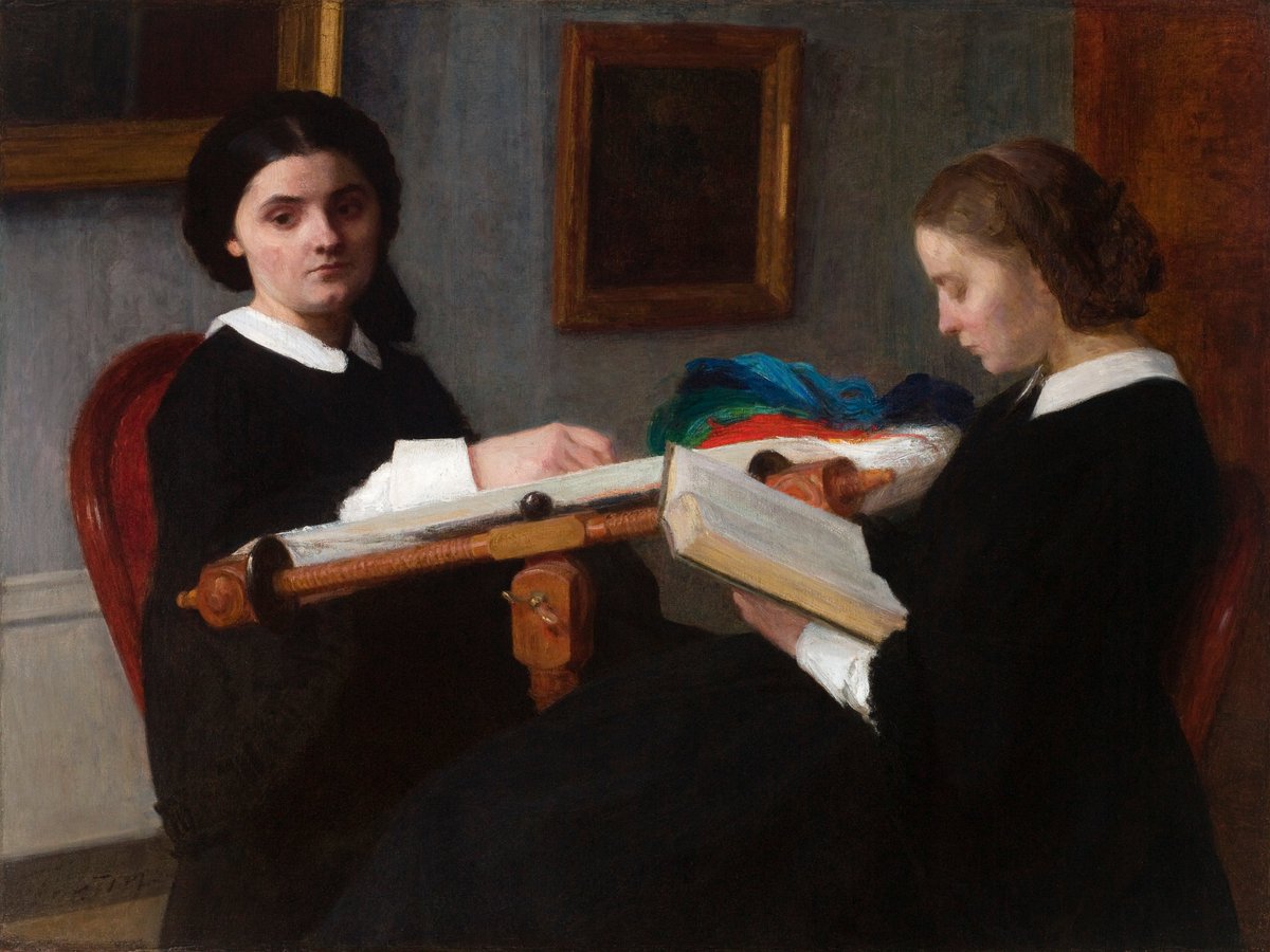 French
Henri Fantin-Latour ( 1836-1904)

The Two Sisters, 1859.

' The painters sisters, Marie reading & Nathalie  embroidering.  Nathalie’s face hints at her depressive illness  which would soon confine her to a mental institution for the rest of her  life.'

@StlArtMuseum