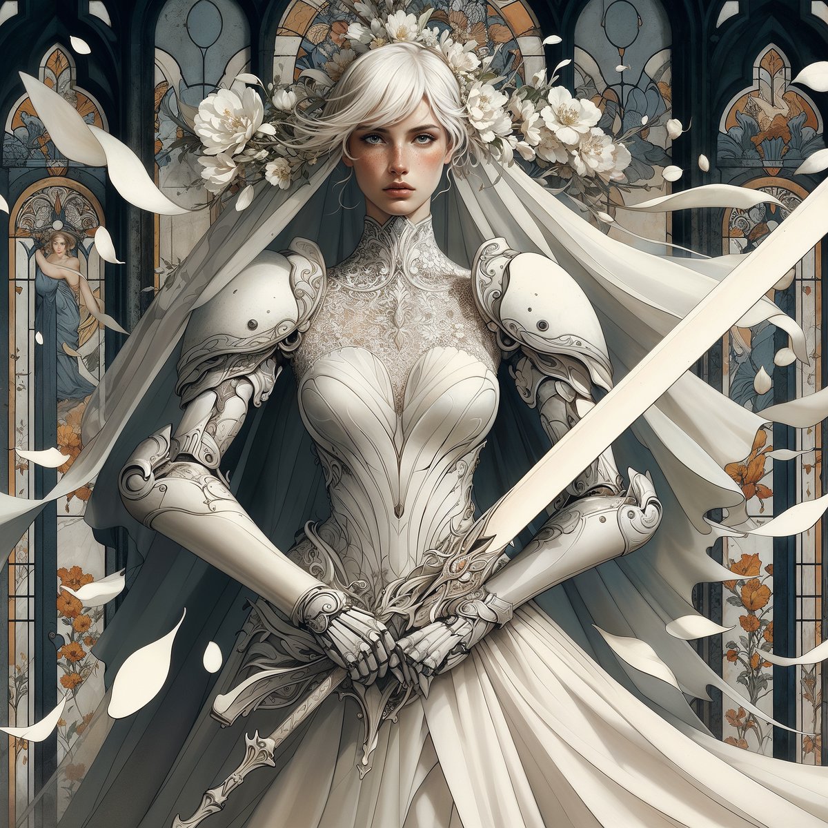 In armored gown of white, she strides so bold, A warrior bride with sword, her tale unfolds. Through battles fierce, her love she will defend, A radiant knight, where heart and honor blend. #AIArtwork #aiart #AIイラスト #AIアート #dalle3art #AI美女 #aiartcommunity