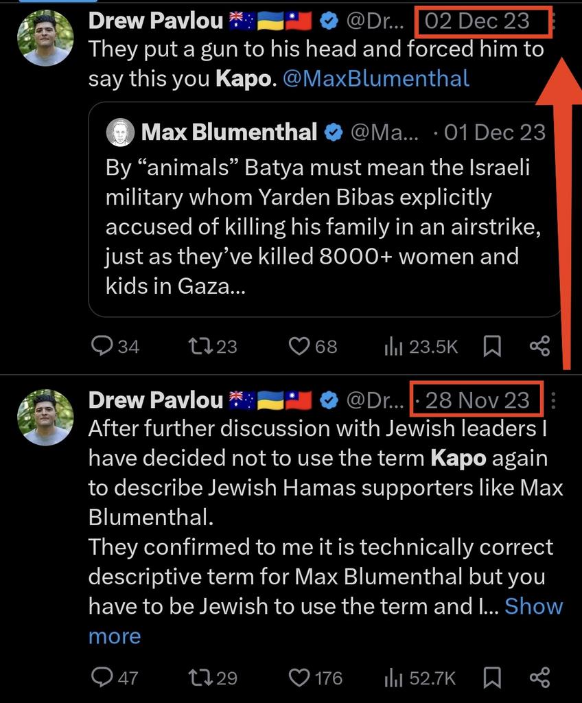 @USA_BaoziLover @DrewPavlou He's policing how Jews act/think, calling 'em Kapos when they disobey his definition of a Jew, ties them all up with Israel & suggests antisemitism is on the rise while constantly pointing at Zelenskyy yelling 'look guys, over here, we have another Jew here too'. 100% antisemitic