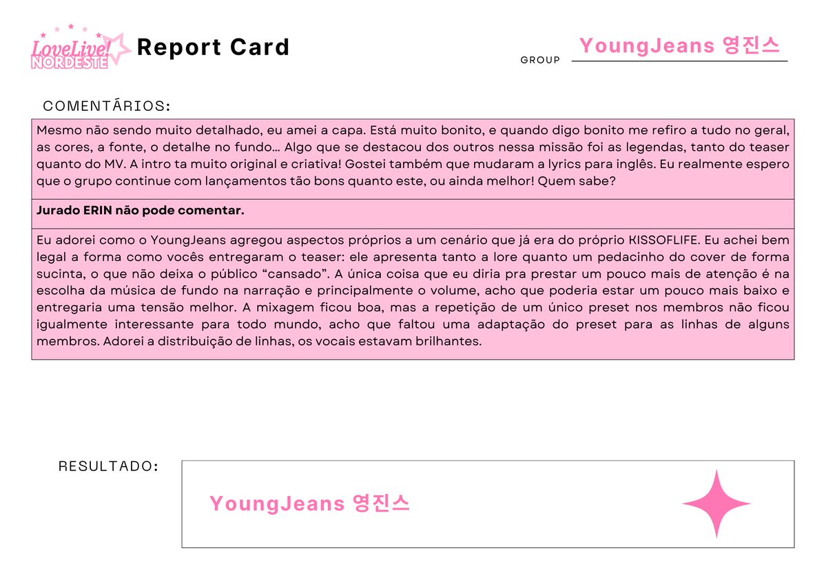 ♡ ⸻ LOVE LIVE! Nordeste

『 REPORT CARD: YoungJeans <a href="/YoungerJeans/">YoungJeans</a> 』
・Segue abaixo o report card do YoungJeans nessa missão・

#LLN #LoveLiveNordeste #4thReportCard