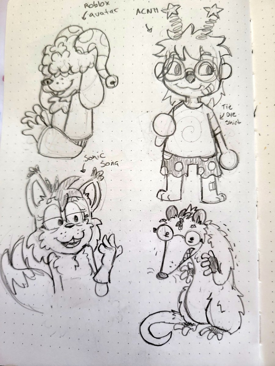 A friend of my Mom managed to get some second hand art supplies and gave them to me, which includes this neat dotted page journal, and I decided to sketch up a few Me-sonas to get a feel for this sort of page format.