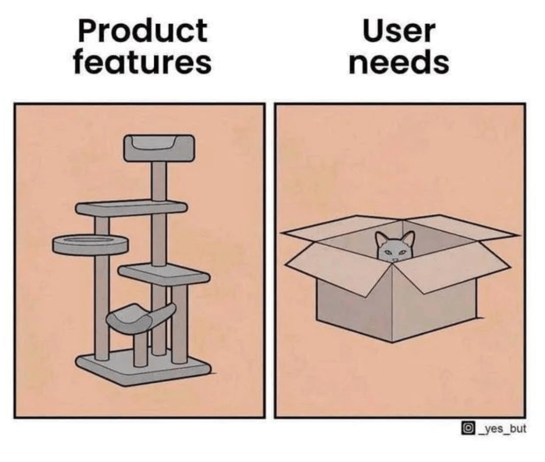 As PMs, prioritize user needs over chasing new features. This comic shows complex cat tree vs. simple box the cat wants. Lesson: Focus on what users truly need, not just what you think seems innovative or cool.