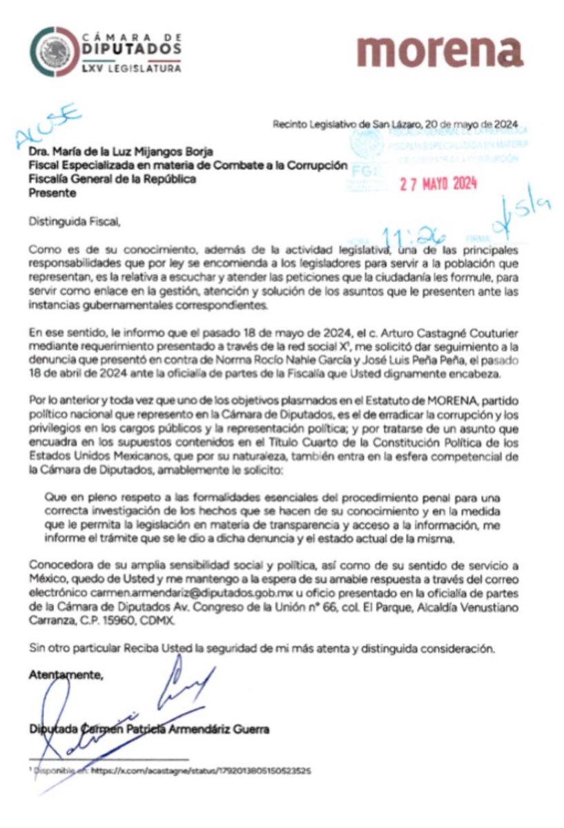 Hugo Gallardo (@hugogallardosg) on Twitter photo *MORENA CONTRa MORENA*
Solicita la diputada federal Morenista <a href="/PatyArmendariz/">Carmen Patricia Armendáriz</a> Guerra a la <a href="/FGRMexico/">FGR México</a> dar seguimiento a las denuncias presentadadas por <a href="/acastagne/">𝔸𝕣𝕥𝕦𝕣𝕠 ℂ𝕒𝕤𝕥𝕒𝕘𝕟𝕖́ ℂ𝕠𝕦𝕥𝕦𝕣𝕚𝕖𝕣</a> para
investigar a <a href="/rocionahle/">Rocío Nahle</a> y a su esposo, por presuntos actos de corrupción. *MORENA CONTRa MORENA*
Solicita la diputada federal Morenista <a href="/PatyArmendariz/">Carmen Patricia Armendáriz</a> Guerra a la <a href="/FGRMexico/">FGR México</a> dar seguimiento a las denuncias presentadadas por <a href="/acastagne/">𝔸𝕣𝕥𝕦𝕣𝕠 ℂ𝕒𝕤𝕥𝕒𝕘𝕟𝕖́ ℂ𝕠𝕦𝕥𝕦𝕣𝕚𝕖𝕣</a> para
investigar a <a href="/rocionahle/">Rocío Nahle</a> y a su esposo, por presuntos actos de corrupción.