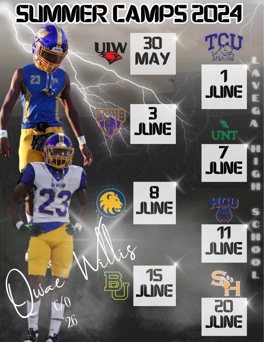 Marqwae “Qwae” Willis (@qwaewillis1) on Twitter photo I will be attending these College Camps this summer‼️
<a href="/Coach_GSanders/">George Sanders</a> <a href="/coachoneal_osu/">Cameron O'Neal</a> <a href="/GarretMcGuire/">Garret McGuire</a> <a href="/CoachNardo27/">Bryan Nardo</a> <a href="/CoachNickGrimes/">Nick Grimes</a> <a href="/coach_jackwelch/">Jack Welch</a> <a href="/chris_polizzi/">Chris Polizzi</a> <a href="/CoachPowledge/">Matthew Powledge</a> <a href="/CoachDBaker81/">Dallas Baker</a> <a href="/JordanDavisUNT/">Jordan Davis</a> <a href="/CoachClayJ/">Clay J Jennings</a> <a href="/HCUCoachBachtel/">Coach Jason Bachtel</a> <a href="/CoachMerkens/">Matthew Merkens</a> <a href="/coach_ikeDL/">coach Ike</a> I will be attending these College Camps this summer‼️
<a href="/Coach_GSanders/">George Sanders</a> <a href="/coachoneal_osu/">Cameron O'Neal</a> <a href="/GarretMcGuire/">Garret McGuire</a> <a href="/CoachNardo27/">Bryan Nardo</a> <a href="/CoachNickGrimes/">Nick Grimes</a> <a href="/coach_jackwelch/">Jack Welch</a> <a href="/chris_polizzi/">Chris Polizzi</a> <a href="/CoachPowledge/">Matthew Powledge</a> <a href="/CoachDBaker81/">Dallas Baker</a> <a href="/JordanDavisUNT/">Jordan Davis</a> <a href="/CoachClayJ/">Clay J Jennings</a> <a href="/HCUCoachBachtel/">Coach Jason Bachtel</a> <a href="/CoachMerkens/">Matthew Merkens</a> <a href="/coach_ikeDL/">coach Ike</a>