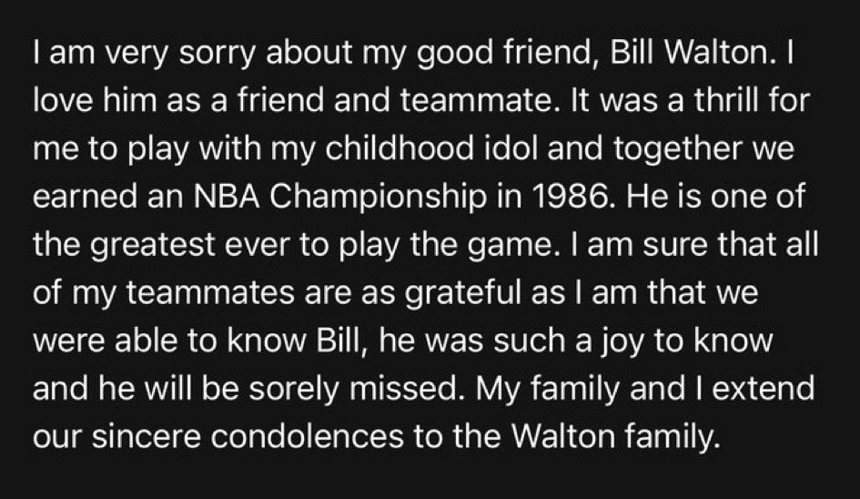 What I love most about this statement from Larry Bird is that it so clearly came directly from him, and was not punched up or PR-ified in any way. Not fancy or flowery but just – Larry. Bill couldn’t ask for a greater tribute. 💚