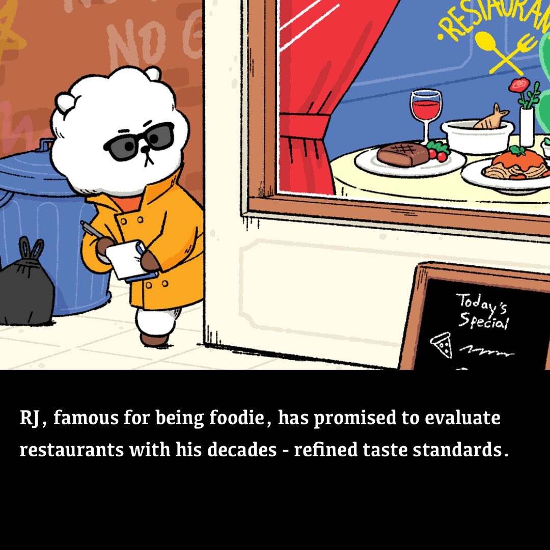 [BREAKING NEWS] RJ, the ultimate foodie, is about to start an undercover restaurant tour! 🕵️🍴 【速報】辛口グルメRJ、 究極のレストラン巡りがスタート！ [긴급 속보] 까다로운 미각의 소유자, RJ의 궁극의 맛집 탐방이 시작됩니다! #BT21 #BreakingNews #RJtheFoodie #Restaurant #Tour