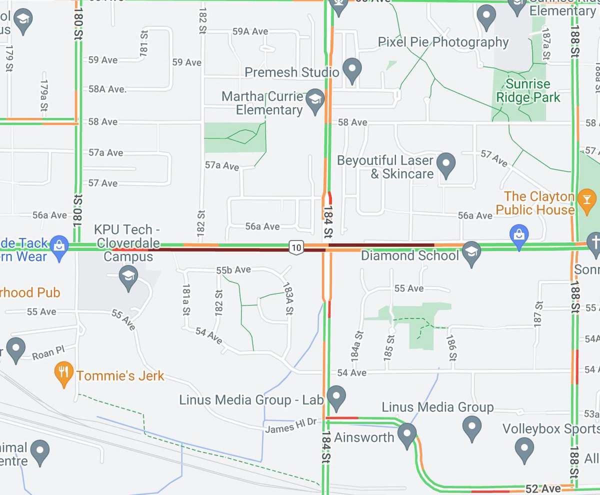 ⛔️⚠️#BCHwy10 Eastbound lanes blocked at 184th Street in #SurreyBC for a vehicle incident. Please use caution and consider detouring.