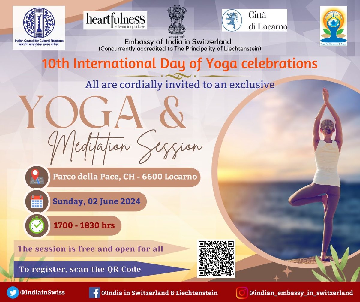 #IDY2024 celebrations in Locarno, 🇨🇭 ! Join us for an exclusive Yoga & Meditation Session on 02 June, 2024 at Parco Della Pace, 6600 Locarno. Details 👇 @moayush @iccr_hq