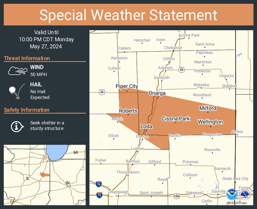 A special weather statement has been issued for Onarga IL, Milford IL and Cissna Park IL until 10:00 PM CDT