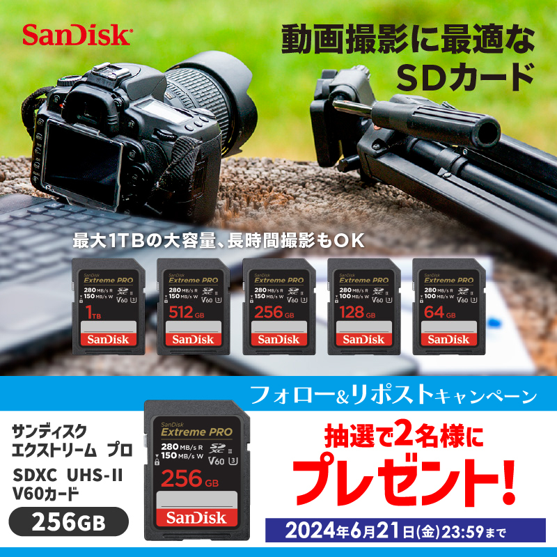 biccameraE's tweet photo. ／
フォロー&amp;リポストキャンペーン🎊
@biccameraEをフォローしてリポスト！抽選で2名様に『サンディスク エクストリーム プロ SDXC UHS-II V60カード 256GB』をプレゼント🎁
⏰締切:6/21(金)23:59
＼

4K/6K動画やタイムラプス撮影におすすめ！
#サンディスク #SDカード #動画撮影 #大容量