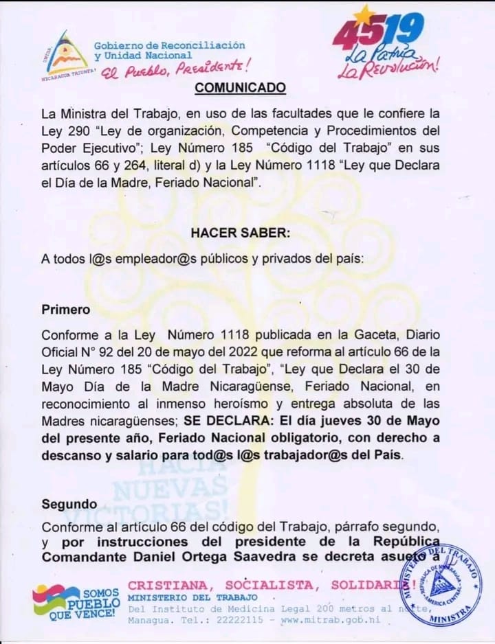 SoldeLiberNica's tweet photo. Compartimos #Comunicado #Mitrab Feriados #30deMayo y #31deMayo por celebrarse el día de las #Madres en #Nicaragua
#DiadeLasMadres
#4519LaPatriaLaRevolucion
#ManaguaSandinista
@alcaldia_mga @InturNicaragua @jpmasespanol @Uva22 @Nica2019 @FSLN @ClsNicaragua https://t.co/2KdlWXftr4