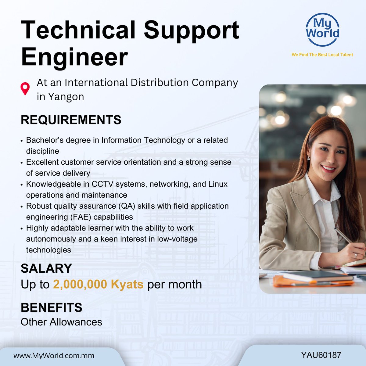 MyWorld_Myanmar's tweet image. Hiring in #Yangon

Position - #TechnicalSupportEngineer at an International Distribution Company in Yangon
Salary -    2,000,000 Ks
#Job Link - tinyurl.com/2bm8dv86
Email - support@myworld-careers.com 

#vacancies #jobs #jobopportunity