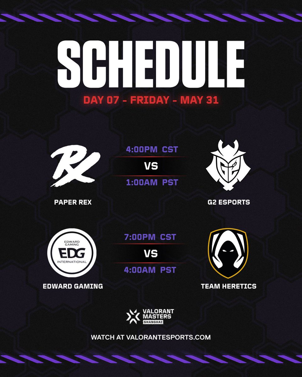 The schedule for the start of #VALORANTMasters Shanghai Playoffs 👀 See you all on Thursday May 30th for Day 6!