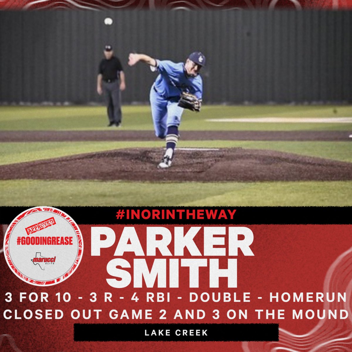 RecruitMETx's tweet photo. 2024 Parker Smith did a lot of everything for Lake Creek in round 4. @parker_smith24 closed the door on the mound in both game 2 and 3. He started and caught in each game and went 3 for 10 with a bomb!
#GoodInGrease Approved ✅
@MarucciEliteTX https://t.co/UfNBaUmYBK