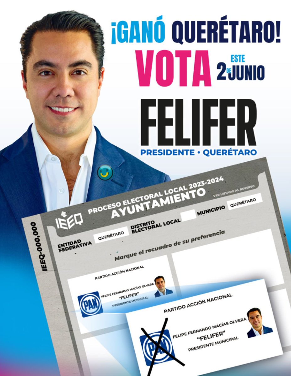 FeliFerMacias's tweet photo. Este 2 de junio tenemos una cita para que a Querétaro le vaya aún mejor.

¡Vamos juntos hasta la victoria!
#VotaPAN en todo https://t.co/vMB2kAq6Br