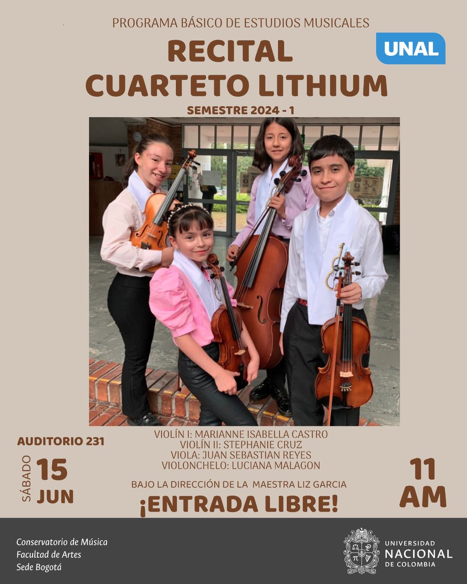 🎵El Programa de Estudios Básicos Musicales invita a los siguientes recitales de cierre de semestre 👇| Entrada libre Coro infantil y juvenil: 1 de junio, 6:00 pm Recital de cierre de violín: 1 de junio, 4:00 pm Cuarteto Lithium: 15 de junio, 11:00 am 🏛️Conservatorio de Música