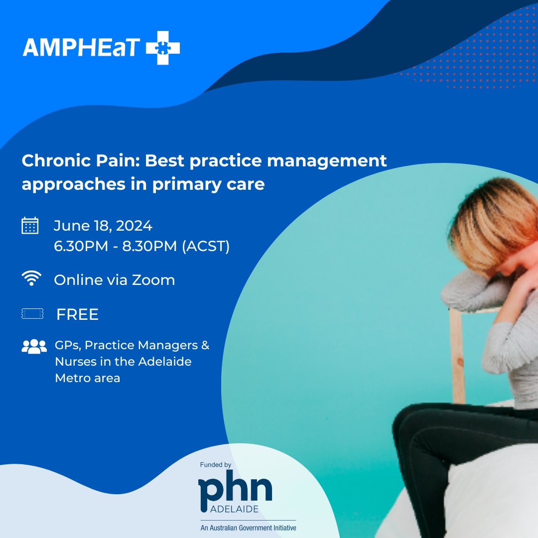 Recognizing the overwhelming interest that led to a sold-out event, "Chronic Pain – Exploring pharmacological and non-pharmacological management approaches" is now being offered as an online workshop. Get in early, book your spot today! ampheat.com.au