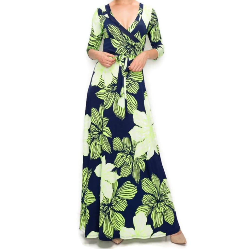 Navy Lime Amaryllis Floral Faux Wrap Maxi Dress tuppu.net/35a9d148 #smallbusiness #womenfashion #wedding #janettefashion #bridesmaid #maxidress #jumpsuits #plussizefashion #FauxWrapDresses