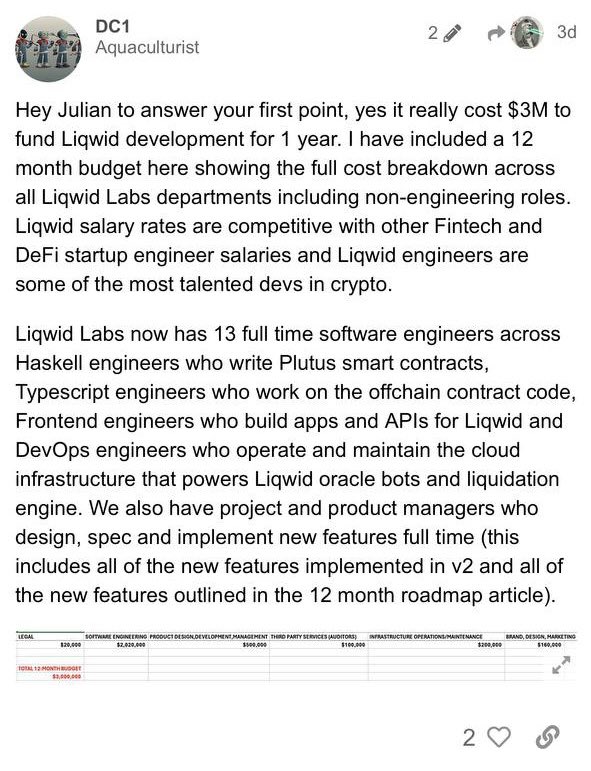 1) that budget 😂😂
2) how does such a thing not end in $LQ holders getting fucked???

Or more acutely: why should $LQ holders take on the risk? Has DC not extracted enough value from the eco already?

3) startupLife = needing to figure out how to do more w/less

@liqwidfinance