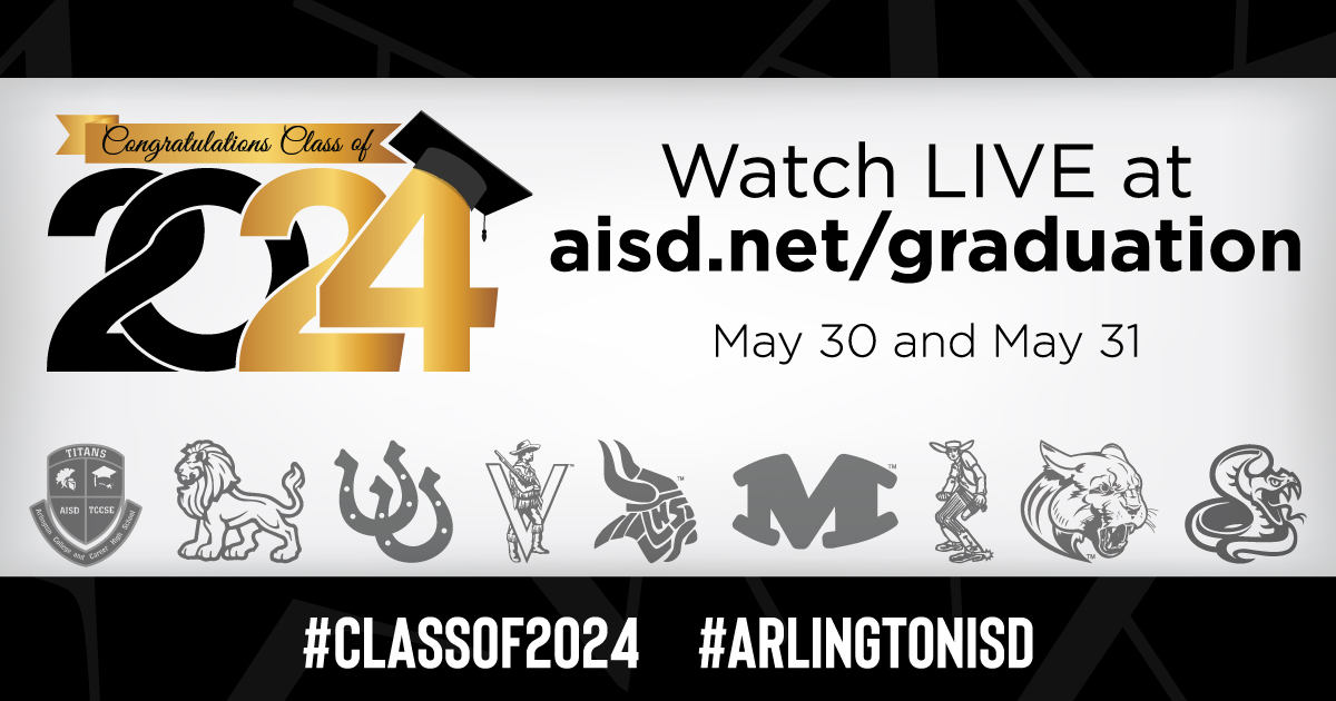 Congrats to @ACCHSTitans, @ACHS_AISD, @ArlingtonHigh, @JamesBowieHS, @LamarHigh, @MartinHigh, @SamHoustonHS, @JuanSeguinHS and @Venture_HS #ClassOf2024 seniors! We're proud of you and your achievements. Graduation dates are: 🎓May 30 🎓May 31 Watch LIVE: aisd.net/graduation.