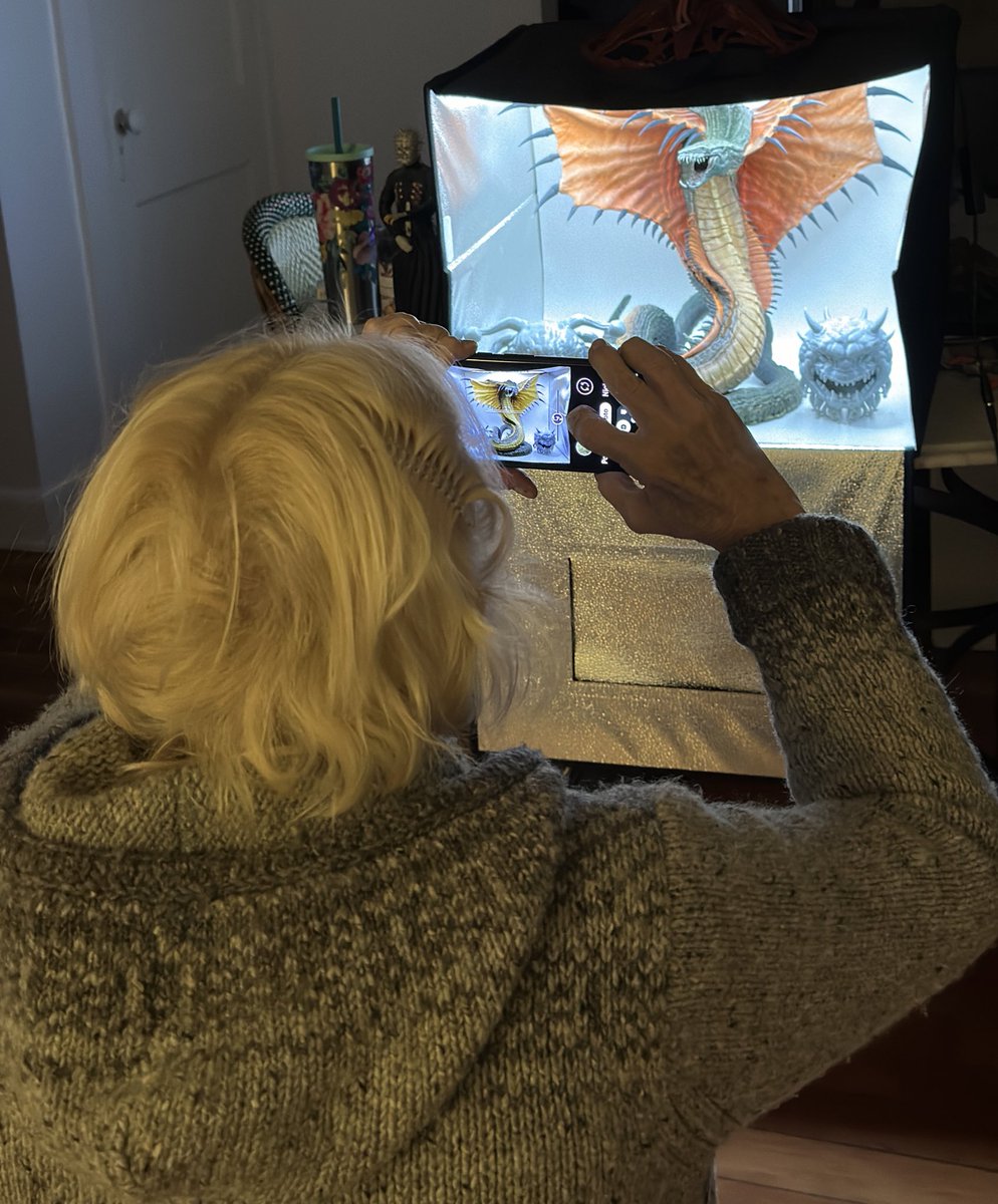 A picture of my mom taking a picture of the warbat print that I designed for the movie that I printed and painted and took a picture of her taking a picture of it . This is the picture I took of that moment.
