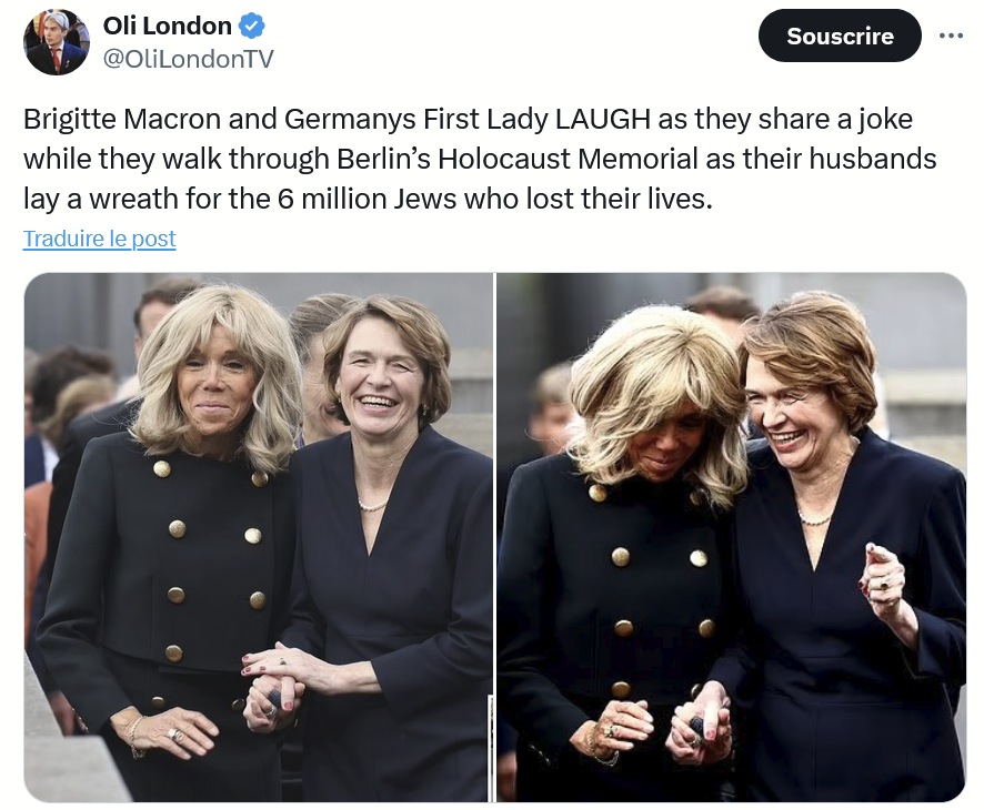 Brigitte Macron et la Première Dame d'Allemagne hilares, en partageant une blague alors qu'elles traversent le Mémorial de l'Holocauste à Berlin pendant que leurs maris déposent une couronne pour les 6 millions de Juifs qui ont perdu la vie.
La honte et la colère !