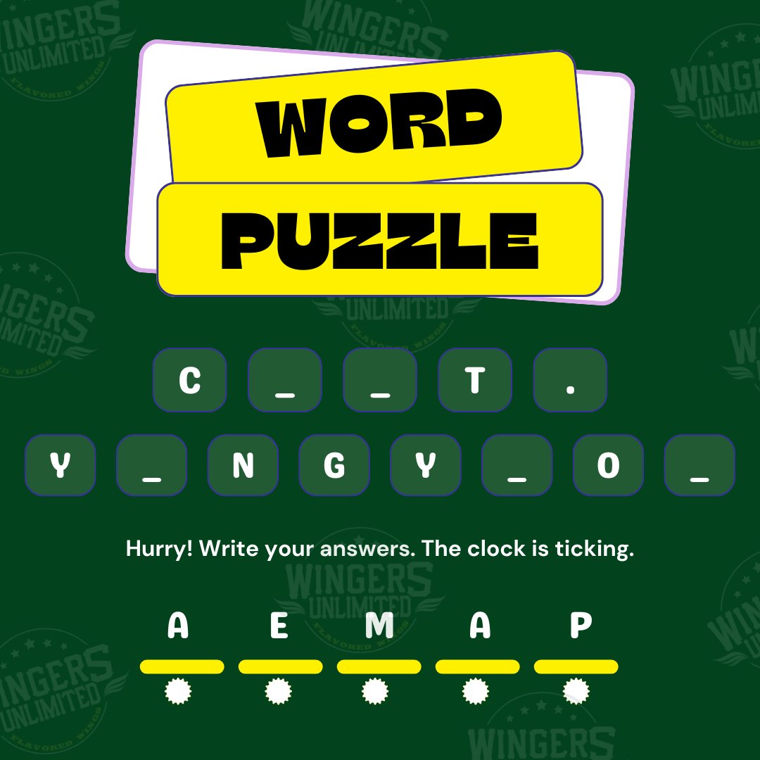 wingersunli's tweet photo. 🧩 Word Puzzle Challenge! 🧩 Complete the word to uncover the flavor of our delicious wings! 🍗✨ #WingersUnlimited #FlavorFun #wingchallenge https://t.co/3tEOu69dYS