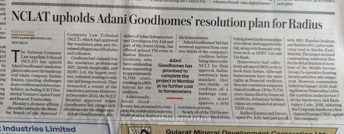Good morning, India. A real-estate developer, Radius Estates owed Rs.1700 Crs to banks. Defaulted & brought the NCLT. Adani ji offered Rs.76 Crs to buy Radius. Banks agreed for a 96% 'haircut' & approved. NCLT allowed. Now, NCLAT approved too. #BMKJ
