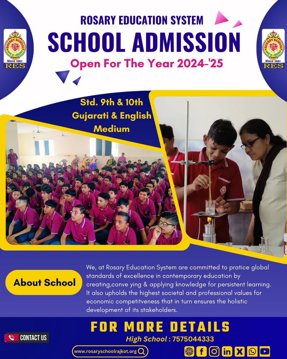 Enabling Our Students To Learn
Admission open for Year 2024 - 25.
You can call or visit our school for more information.
Our location is ::
Rosary High School
👉Chandan Park Main Road, Nr. Paradise Hall, Raiya Chowkdi,
📞Contact – 7575044333

#RosarySchool #RosaryEducationSystem