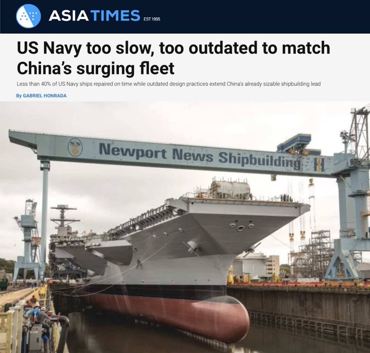 #USNavy too slow, too outdated to match #China’s surging fleet - Multiple reports confirm this conclusion

Less than 40% of US Navy ships repaired on time while outdated design practices extend China’s already sizable shipbuilding lead.

Plagued by delays in ship repairs and