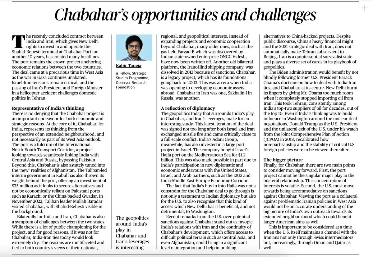 In @the_hindu today, I write about the opportunities and challenges the centrality of #ChabaharPort presents for both India and Iran, and why US is misreading the importance of this play, which is Delhi's neighbourhood thinking and not West Asia policy. thehindu.com/opinion/op-ed/…