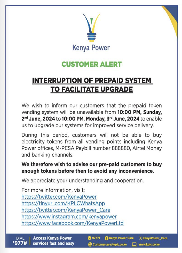 Kenya Power has announced a scheduled interruption of its prepaid token vending system from 10:00 PM on Sunday, June 2, 2024, to 10:00 PM on Monday, June 3, 2024. This downtime is necessary to facilitate system upgrades aimed at improving service delivery.