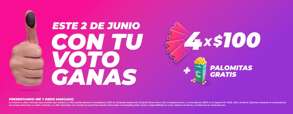 Abrimos 🧵 de promos para el 2 de junio. Revisen condiciones y existencias.

@Cinepolis, 4 entradas x 100 pesos (tradicional, Pluus, Macro XE y junior) o 4 x 200 en VIP, IMAX, 4DX o Screeenx) presentando tu👍 marcado e INE. Y unas palomitas gratis con el boleto, INE y 👍