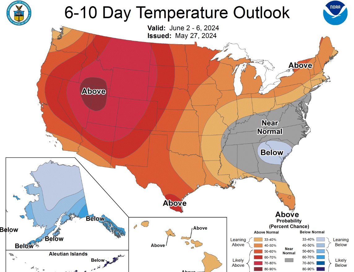The 6 to 10 Day Temperature Outlook valid for June 2nd-6th is indicating likely above normal temperatures for the interior NorCal region. #cawx