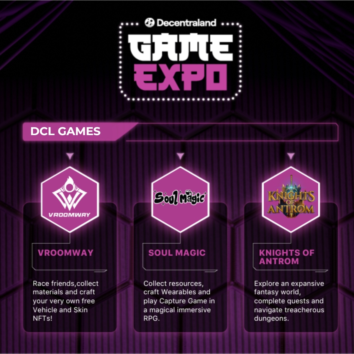 Congratulations to the in world games that will be featured at the upcoming #DCLGX 🥳 Each game, created by the DCL community, will be featured in the plaza throughout the event with their own customized expo booth driving to their game. 🚀 RSVP in the link below.