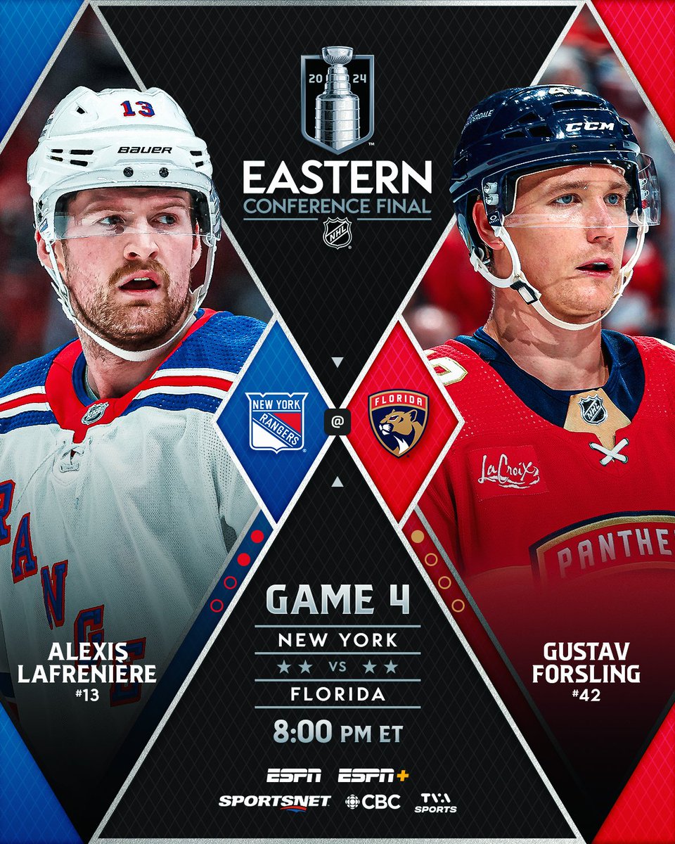 Alexis Lafrenière and the @NYRangers hope to make it three straight wins in the Conference Finals, while Gustav Forsling and the @FlaPanthers aim to even the series. #StanleyCup 📺: 8 p.m. ET on @espn, @ESPNPlus, @Sportsnet, @TVASports & CBC. #NHLStats: media.nhl.com/public/news/18…