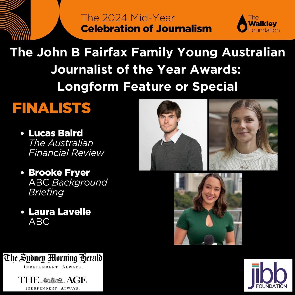 Walkley Foundation (@walkleys) on Twitter photo Congratulations to the 2024 Mid-Year finalists for Longform Feature or Special, supported by the Jibb Foundation, <a href="/smh/">The Sydney Morning Herald</a> and <a href="/theage/">The Age</a>: <a href="/LucasBairdAus/">Lucas Baird</a>, <a href="/FinancialReview/">Financial Review</a>; <a href="/fryer_brooke/">Brooke Fryer</a>, <a href="/abcnews/">ABC News</a> Background Briefing; <a href="/laura_lavelle99/">Laura Lavelle</a>, <a href="/abcnews/">ABC News</a>. Congratulations to the 2024 Mid-Year finalists for Longform Feature or Special, supported by the Jibb Foundation, <a href="/smh/">The Sydney Morning Herald</a> and <a href="/theage/">The Age</a>: <a href="/LucasBairdAus/">Lucas Baird</a>, <a href="/FinancialReview/">Financial Review</a>; <a href="/fryer_brooke/">Brooke Fryer</a>, <a href="/abcnews/">ABC News</a> Background Briefing; <a href="/laura_lavelle99/">Laura Lavelle</a>, <a href="/abcnews/">ABC News</a>.
