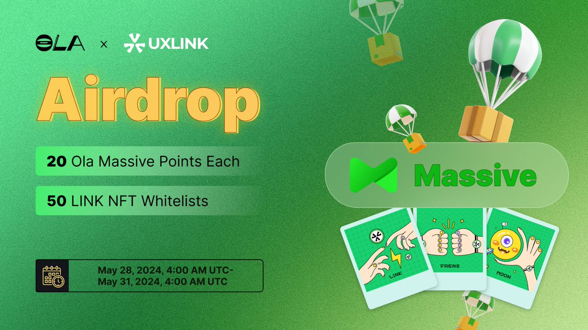 ola_zkzkvm's tweet photo. 🚀 @ola_zkzkvm is proud to partner with @UXLINKofficial, a Web3 social platform & infrastructure where real-world relationships & real-time interactions take place.

🪂🎁 Special Gift Pack #Airdrop for You:
・20 Massive Points for All Newcomers from Ola: Register, download, and start using Massive during this event to earn 20 #MassivePoints, which will be distributed within 5 days post-event. Point holders will qualify for Ola token airdrops.
・50 Whitelist Spots for Free Mint [LINK] NFTs from UXLink: Secure a spot to gain benefits like $UXLINK token airdrops and access to over 50 partnership airdrops.

🌟 How to Enter:
1️⃣ Follow @ola_zkzkvm and @UXLINKofficial.
2️⃣ Register as a Massive Node at https://t.co/J0v4Pg0dr0, download the Massive App, and start #VerifyToEarn.
3️⃣ Like & RT this tweet to keep the excitement going!
4️⃣ Tag 3 friends and drop your EVM wallet address.