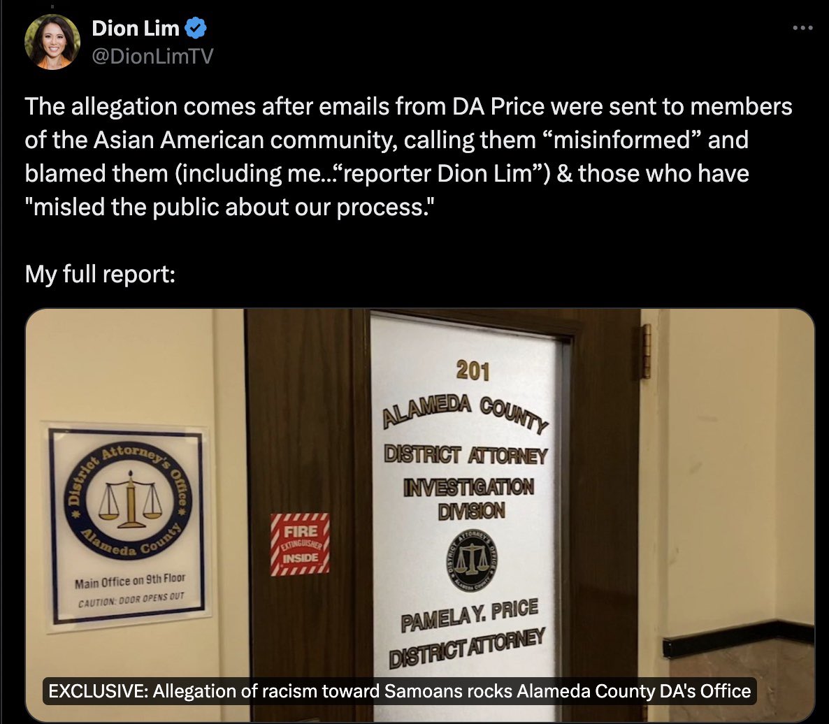 Alameda County District Attorney Pamela Price is holding a press conference tomorrow to announce her Chinese name to celebrate #AAPIHeritageMonth. This is going to be at the Oakland Asian Cultural Center. Some of you may remember how she called members of the Chinese