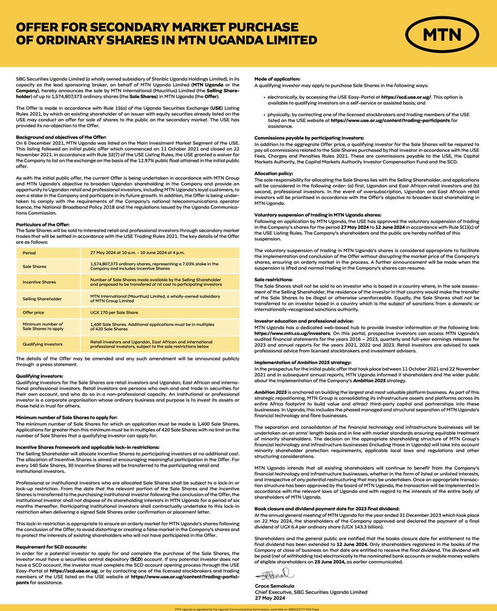 MTN Group is offering 1.57 billion shares in MTN Uganda at a price of UGX 170 each, representing a 17.6% discount on the listing price. The share sale is aimed at complying with Uganda's 20% local ownership requirement. The minimum purchase requirement is 1,400 shares.