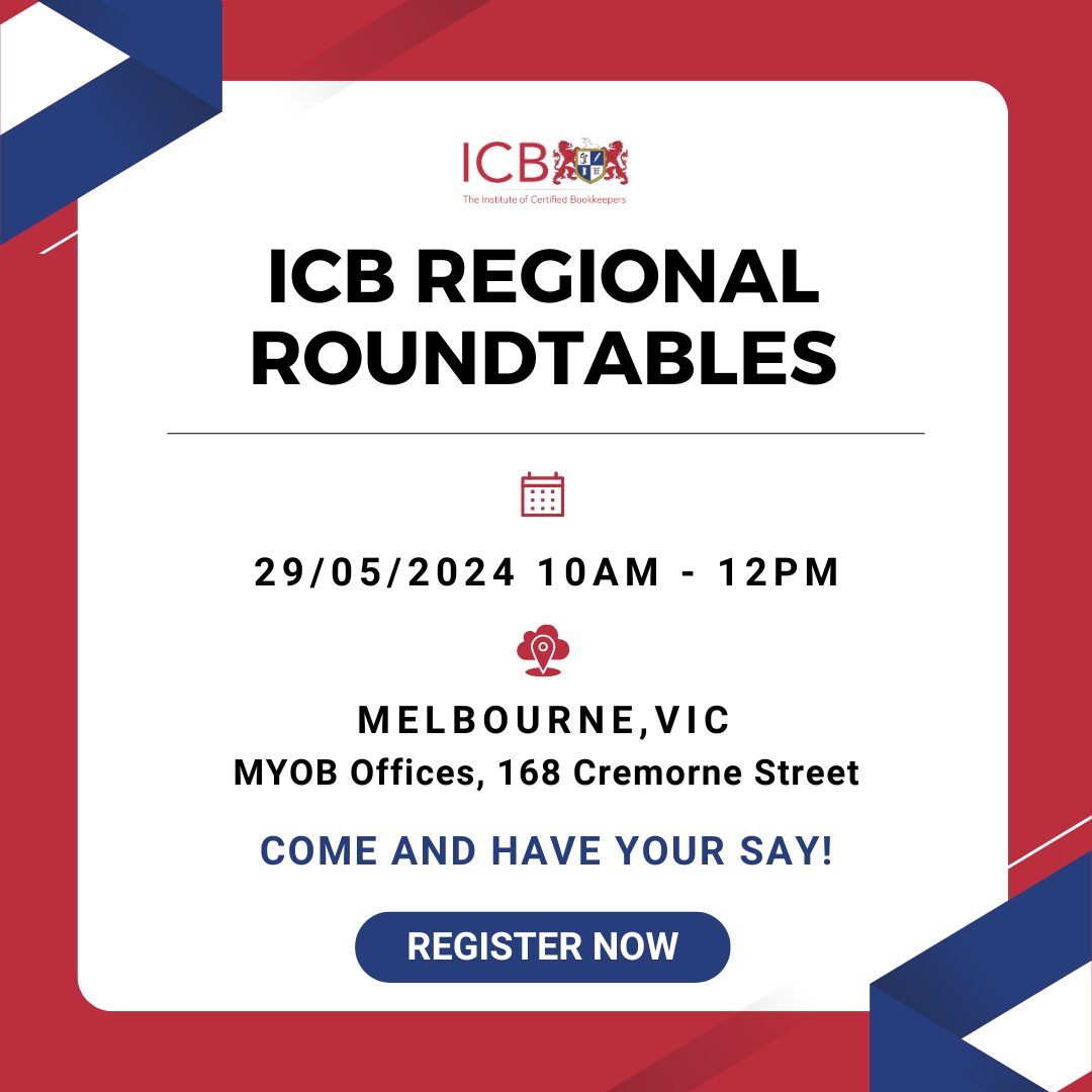 📣 We are coming to #Melbourne! Join us for an exclusive opportunity to shape the future of professional bookkeeping! 

Register now: 
ow.ly/fAsJ50RFhig

#ICBAustralia #ICBRegionalRoundtables #bookkeeping #bookkeepers #professionalbookkeepers