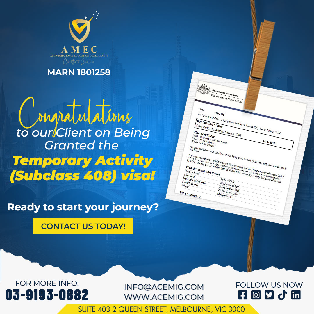 amec_australia's tweet image. 🎉 Huge congratulations to our client for being granted the Temporary Activity (Subclass 408) visa! 

#VisaGranted #Subclass408 #ClientAchievement #NewBeginnings #ImmigrationSupport #StartYourAdventure #melbourne #VisaOptions #NewBeginnings #australia #migrationconsultants