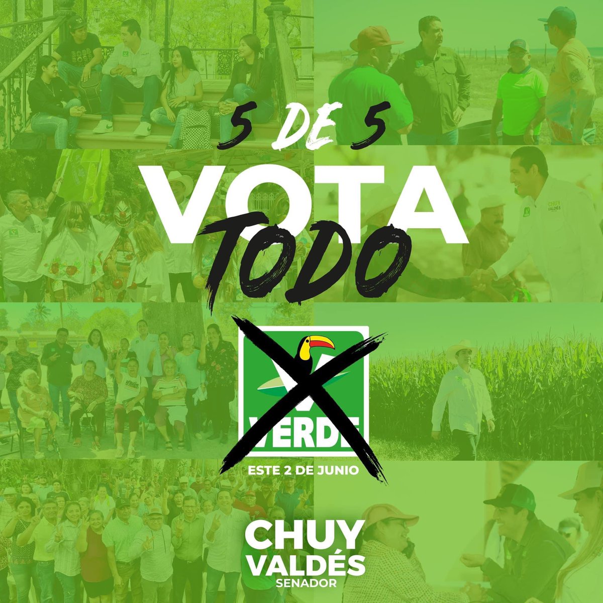 ESTE 2 DE JUNIO VOTA TODO VERDE🗳️✅
📄 5 DE 5 ❌

¡En el senado, seré tu voz! 

#ClaudiaPresidenta 
#ChuyValdésSenador
#VotaChuyValdés 
#VotaTodoVerde
