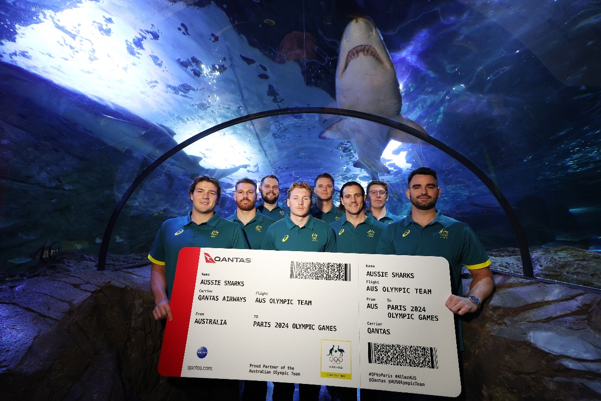 Our Aussie Olympic Sharks ready for Paris amongst fellow sharks! How many shark puns can you come up with? #AllezAUS | @WaterPoloAus | @Qantas