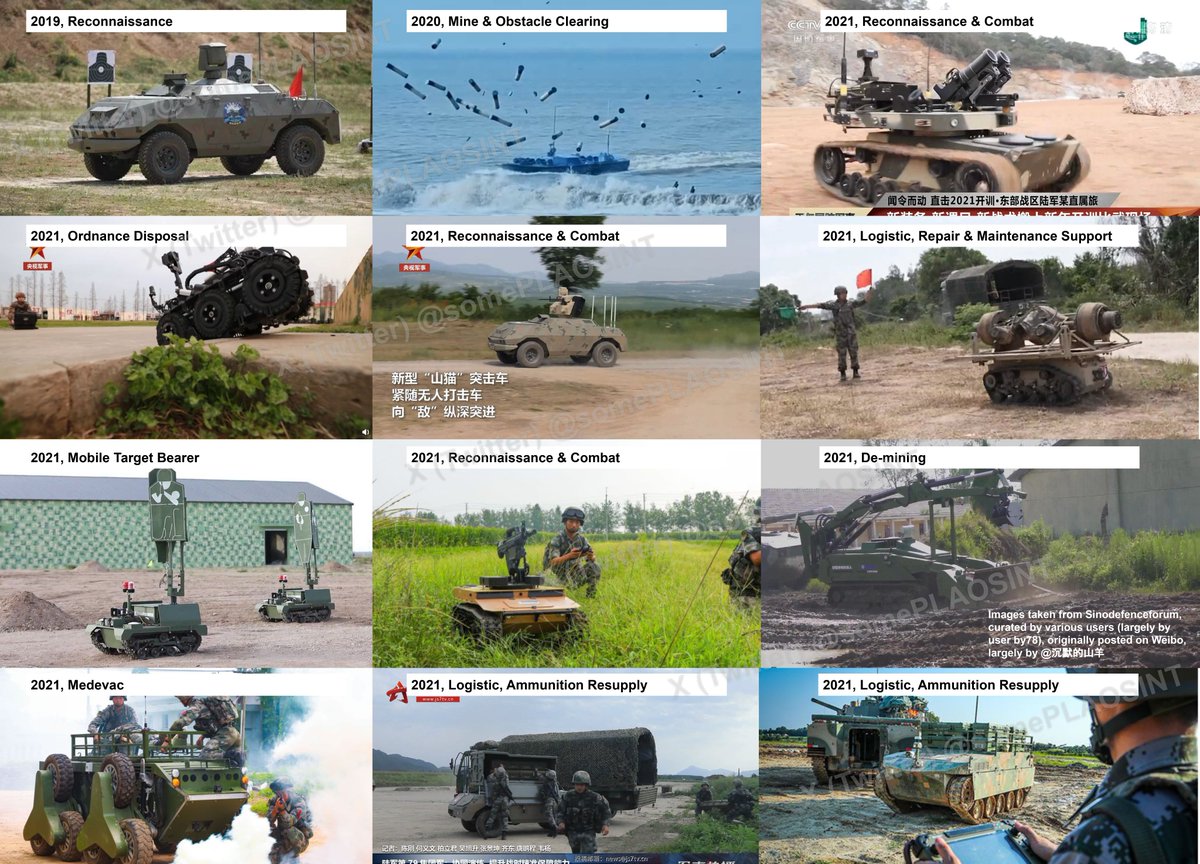 1 | A very incomprehensive list of PLA training & exercises that involved UGVs/USVs between 2019 - 2022. 

Themes covering:
->Ammo resupply, medevac
->Mine & obstacle clearing 
->Recon & engagement
->Training aids as mobile target bearer