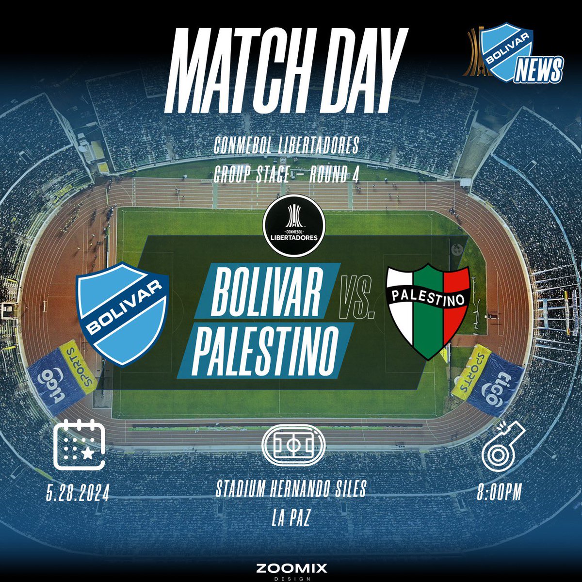 M A T C H-D A Y!❕
⚽️ CONMEBOL Libertadores 
🏆 #GroupStage #Libertadores 
🗓 Round 6 🏟H. Siles 
📍La Paz🇧🇴⏱8:00PM

BOLIVAR 🆚 PALESTINO

#BolivarNews || #ClubBolivar || #Bolivia || #Football || #Bolivia || #English #MatchDay